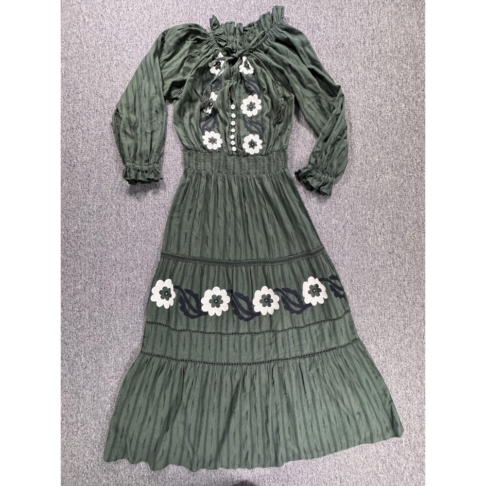 Miss June Dress Womens One Size Green Boho Embroidered Floral Maxi Long Sleeve‎
